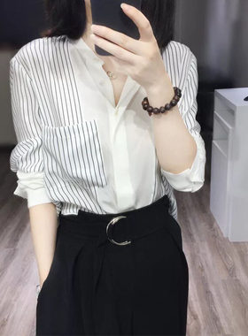 品牌折扣店专柜女装条纹衬衫女春秋长袖宽松韩版雪纺上衣