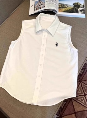 清仓反季品牌折扣店白色衬衫女夏季polo领无袖背心上衣学院风衬衣