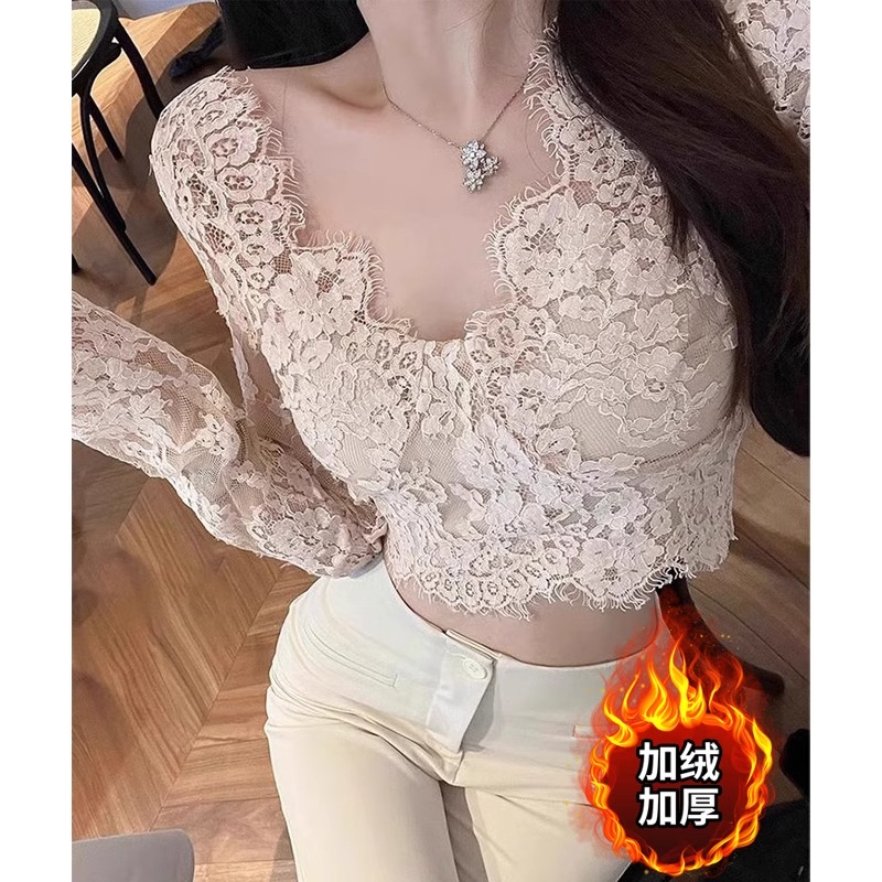 清仓秒杀品牌折扣店加绒v领蕾丝打底衫女短款秋冬季保暖长袖上衣