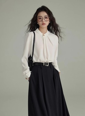 清仓反季品牌折扣店白色衬衫女长袖春秋高端缎面上衣内搭轻熟衬衣