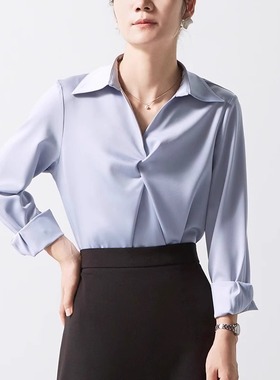 清仓反季品牌折扣店蓝色衬衫女长袖春秋V领职业工装衬衣打底上衣