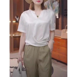新款 清仓反季 女夏季 品牌折扣店休闲洋气缎面短袖 别致显瘦t恤 衬衫