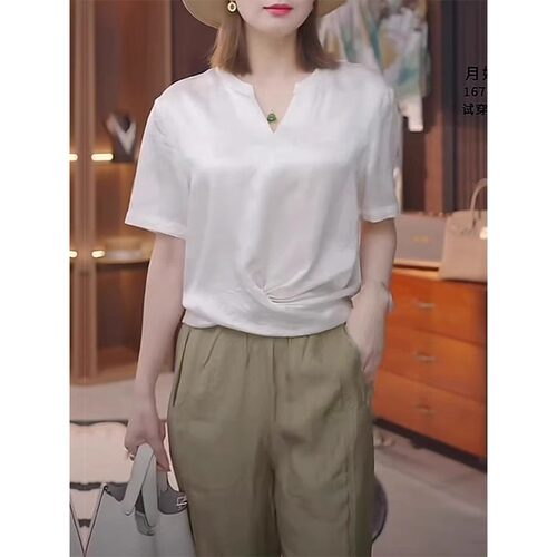 高级感白色缎面衬衫女短袖