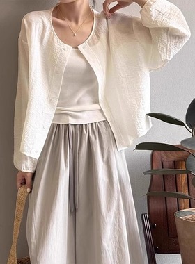 清仓反季捡漏品牌折扣女装白色亚麻防晒衬衫女薄外套空调开衫上衣