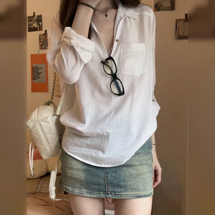 早春秋女装 宽松休闲气质套头上衣衬衣 女长袖 白色半开襟polo领衬衫