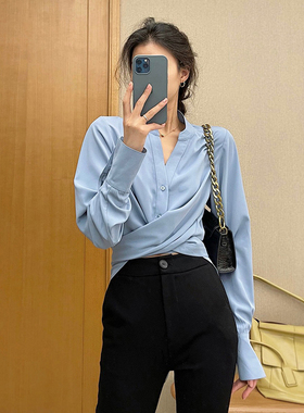 清仓反季捡漏品牌折扣店女装蓝色雪纺衬衫女别致宽松v领长袖衬衣