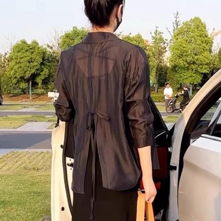 清仓一线大品牌折扣黑色天丝防晒衬衫 后背开叉外搭衬衣 女长袖 夏季