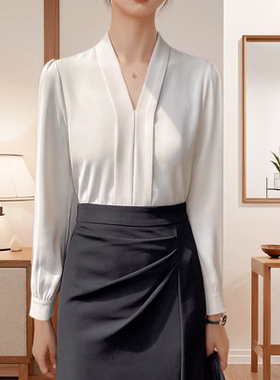 清仓反季秒杀品牌折扣女装白色雪纺长袖衬衫女早秋季职业v领上衣
