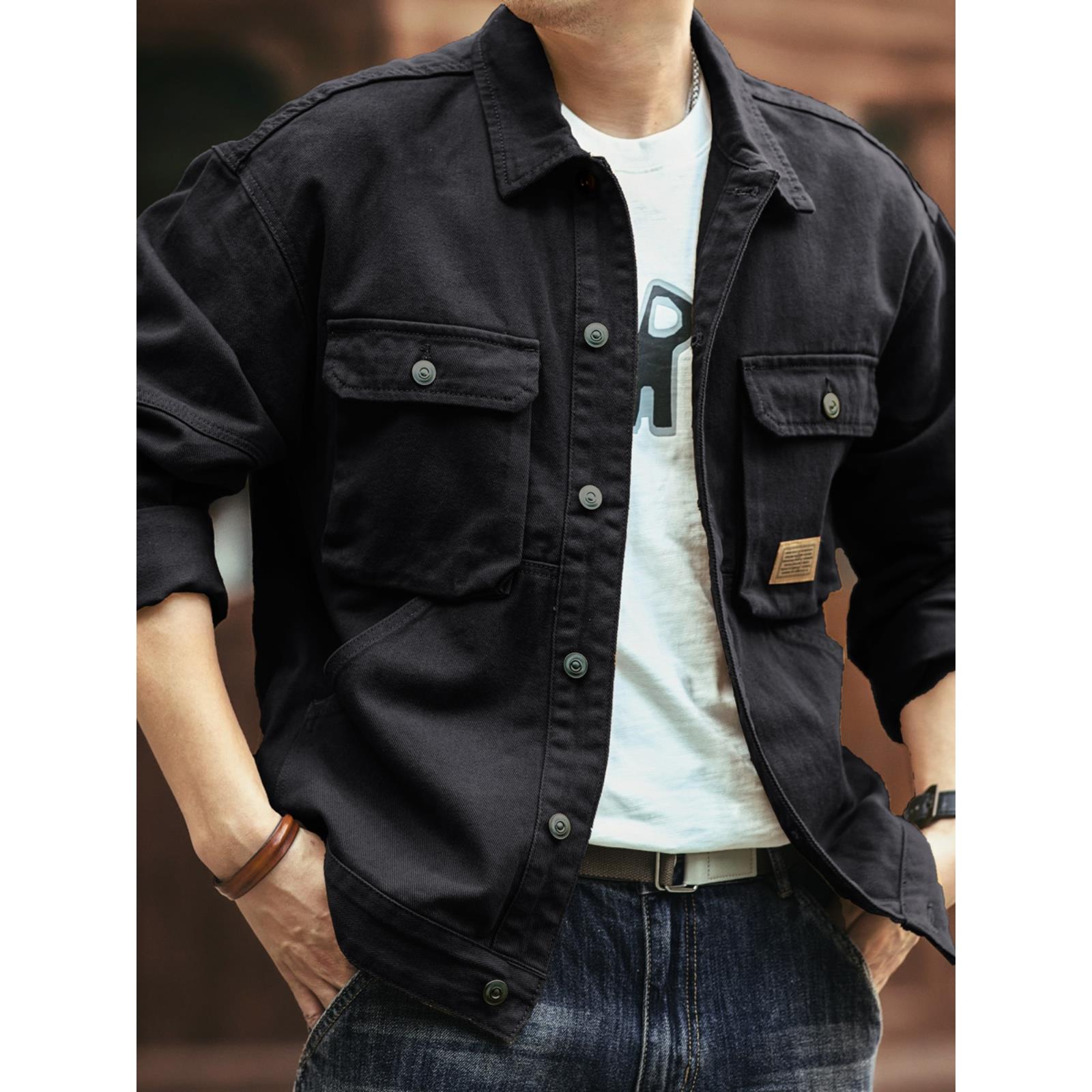 美式复古牛仔工装外套男秋季新款休闲硬汉宽松黑色猎装夹克