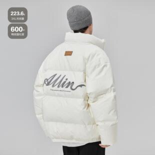 ALLIN 白色鸭绒羽绒服男款字母刺绣防寒保暖短款立领冬季休闲外套