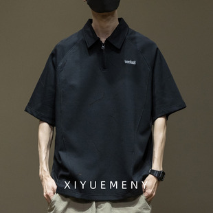 男2025夏季 休闲拼接POLO衫 体恤衫 美式 纯色落肩袖 新款 短袖 宽松大码