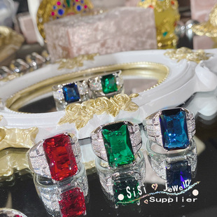 SIsi高档新品首饰 重工镶钻绿水晶指环 镀18K欧美仿蓝宝石男士戒