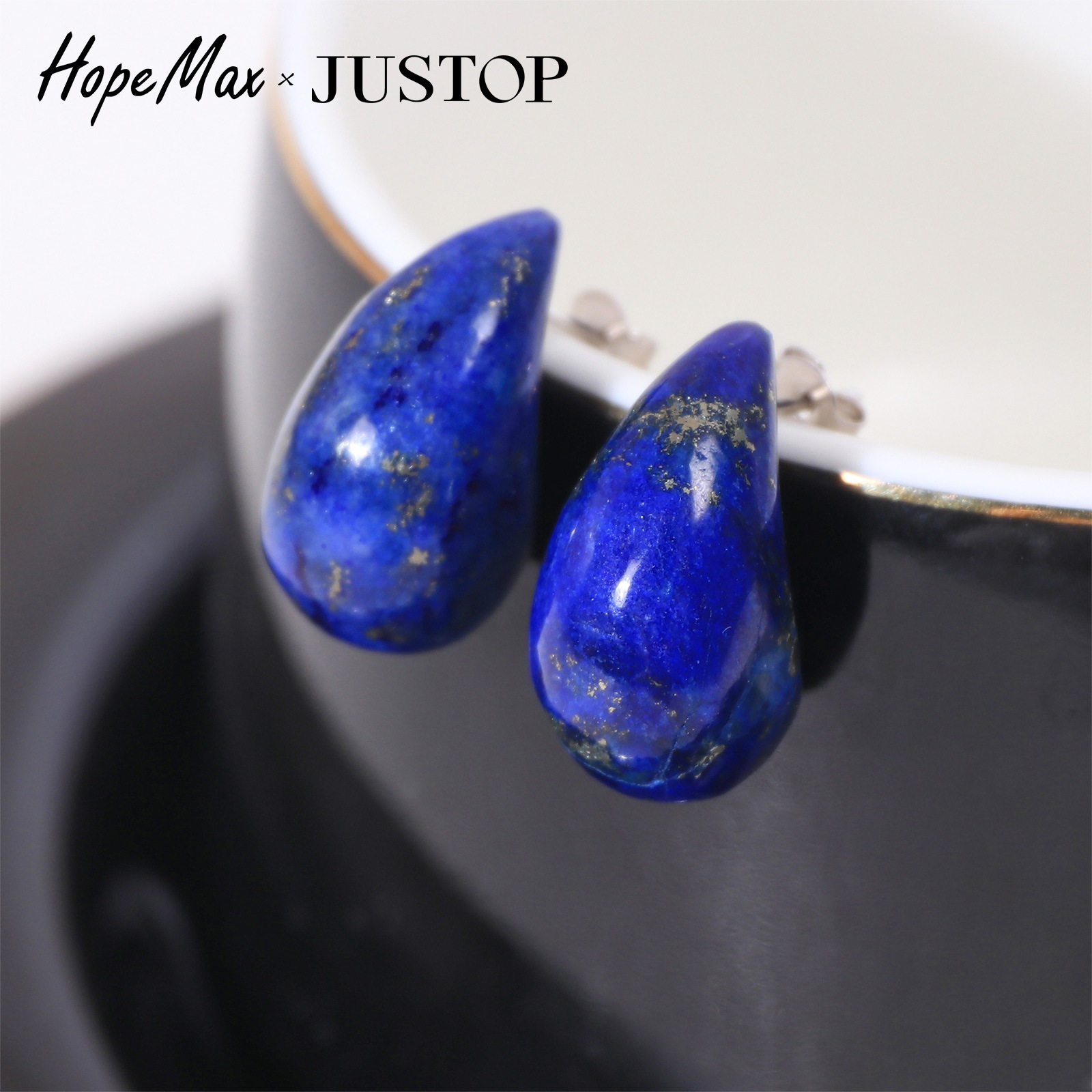 JUSTOP 青金石水滴耳钉 天然纹理水滴造型 银质针身 简约天然质感