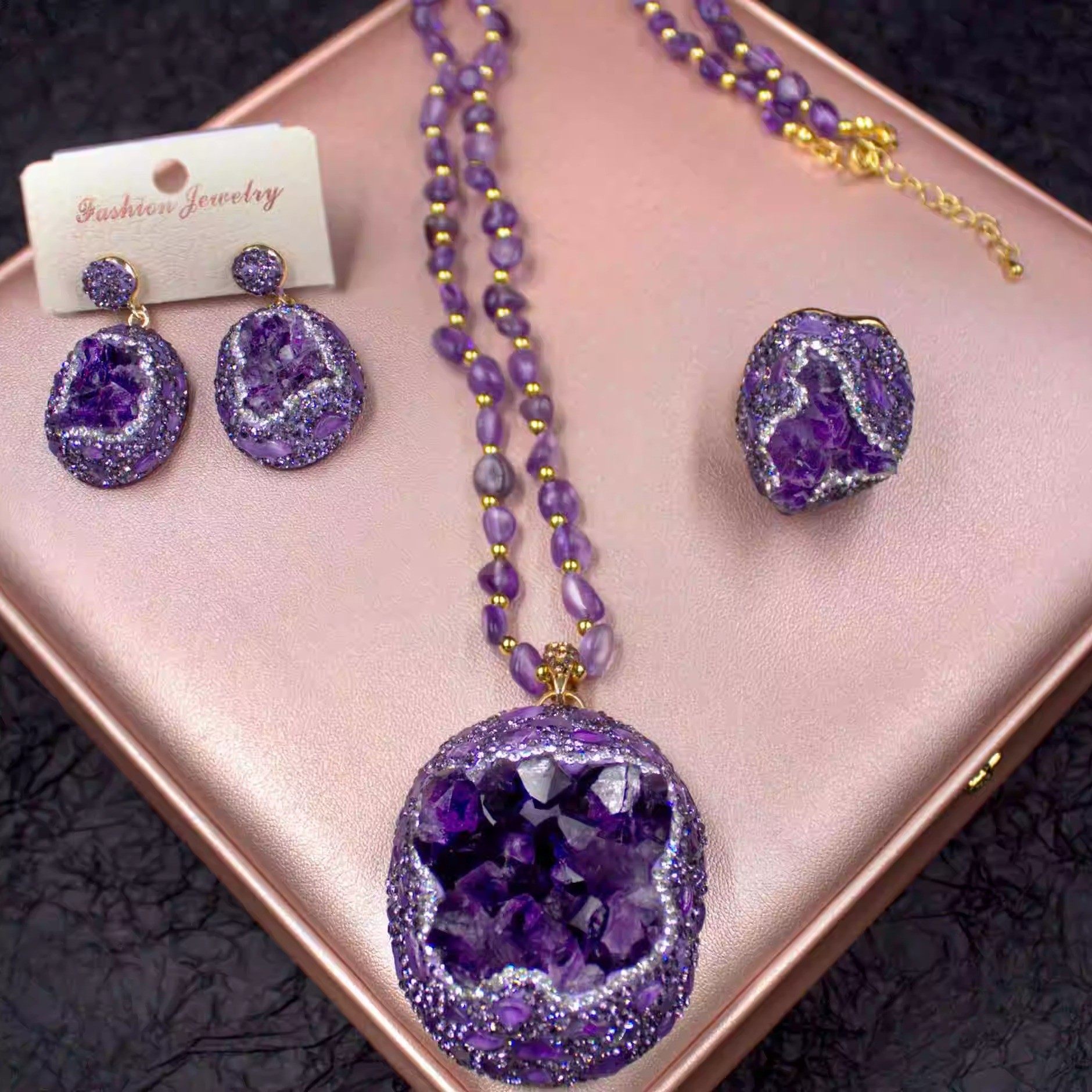 欧美原生态天然原矿紫晶水晶芽原石项链设计感长款毛衣链戒指耳环