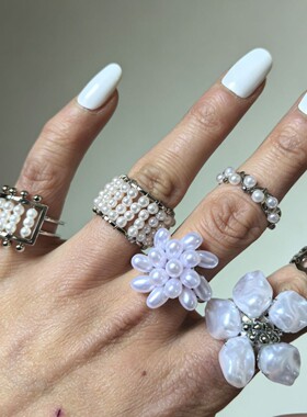 小众设计手工串珠宽版花朵开口叠戴指环戒 ins高级感珍珠戒指饰品