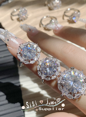 太阳花鸽子蛋10克拉超大钻戒女圆形莫桑钻仿真钻豪华指环结婚戒指