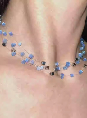 复古蓝色方形猫眼石项链choker叠戴锁骨链小众时尚高级感气质项饰
