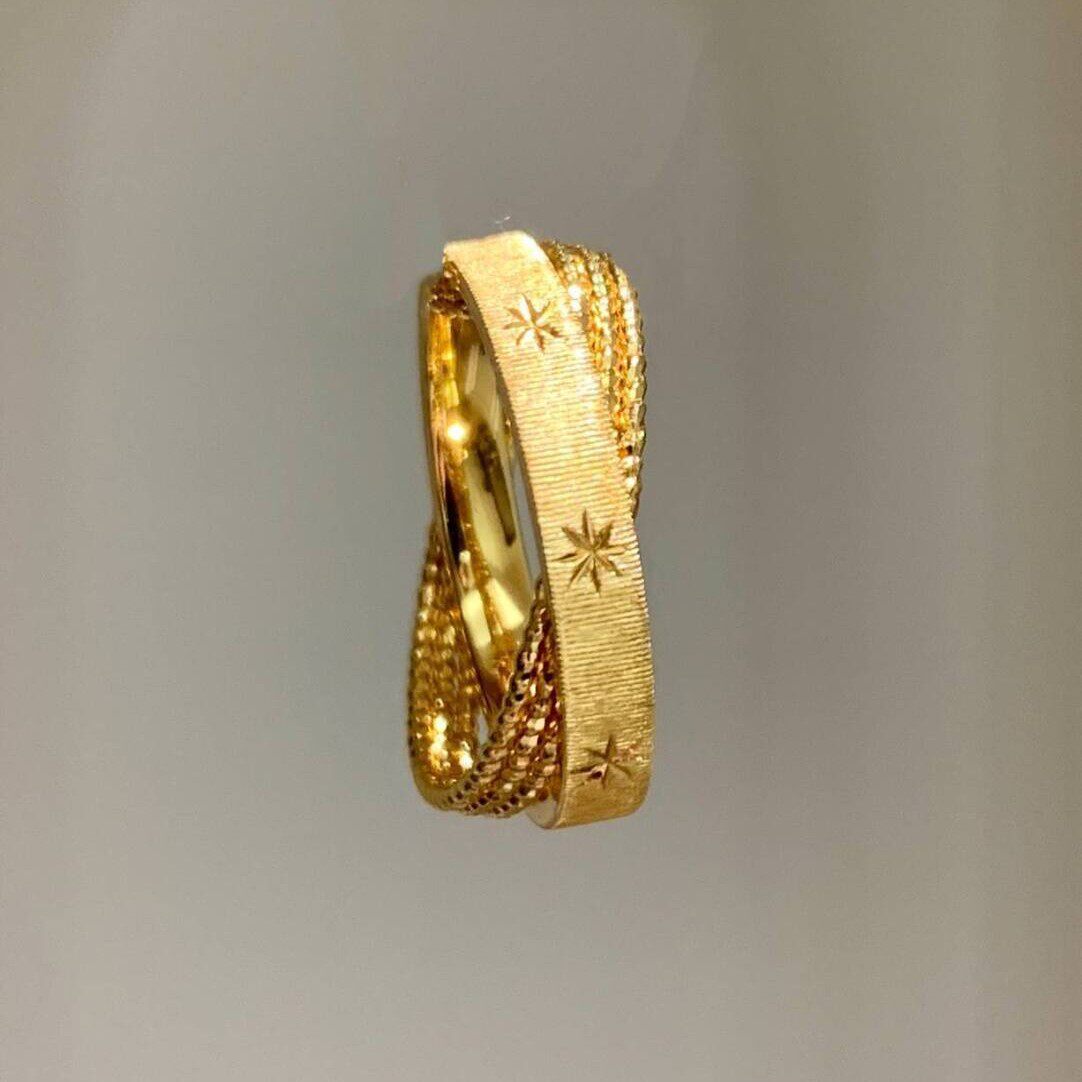 S925纯银水星记小双环拉丝金珠星芒戒指女中古风复古轻奢爆款指环