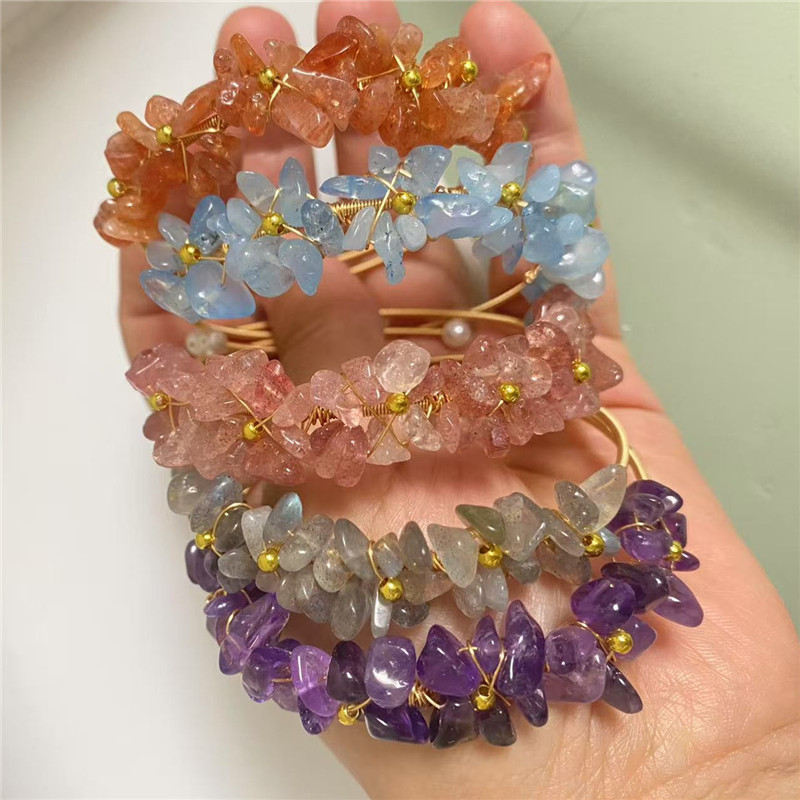 14k包金绕线金草莓海蓝宝碧玺紫黄水晶拉长石草莓晶碎石手镯批发