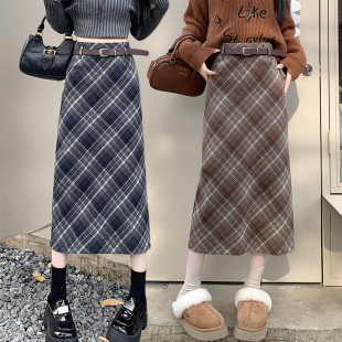 实拍现货格子毛呢半身裙女秋冬款高腰a字开叉长裙子中长款送皮带