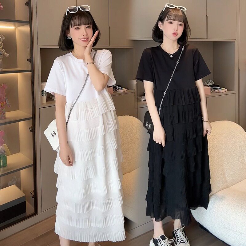 大码女装胖妹妹洋气百搭纯色减龄短袖T恤裙夏季ins风学生连衣裙子