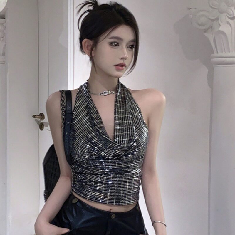胖妹妹大码女装设计感亮钻V领挂脖上衣春季韩版修身显瘦打底背心