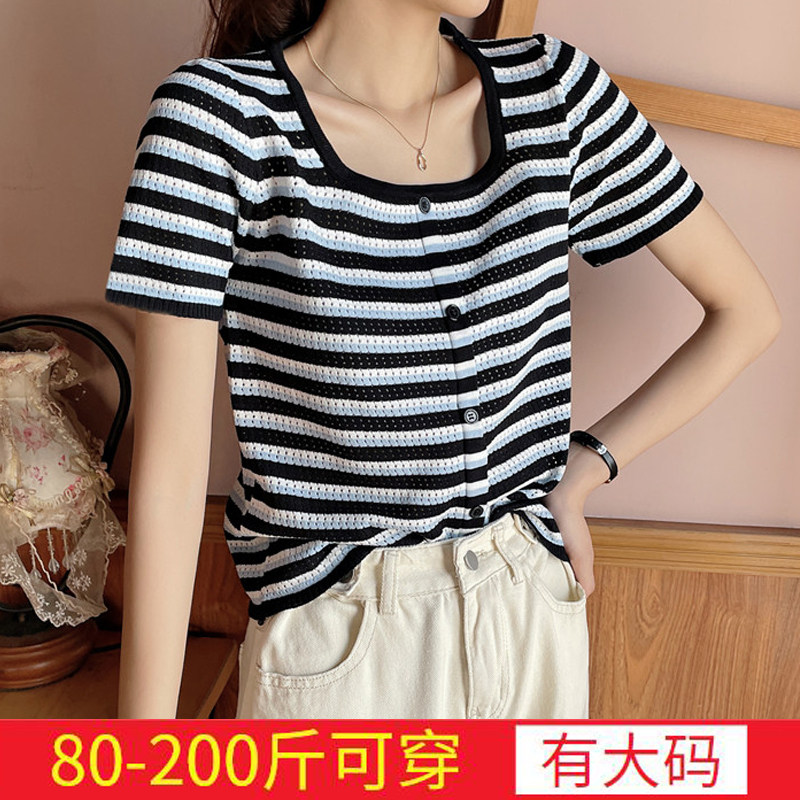 学院风韩版条纹拼接镂空方领针织衫大码女装胖妹妹夏季短袖T恤潮
