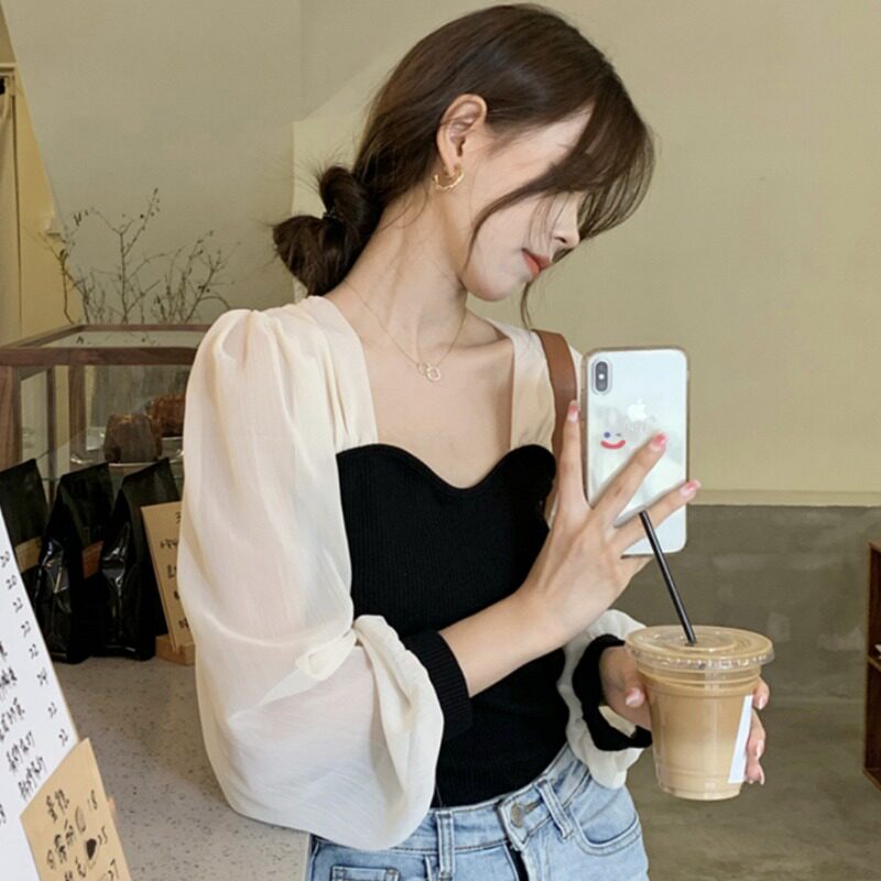 春季小清新甜美百搭雪纺镂空拼接针织衫胖妹妹大码女装套头毛衣潮