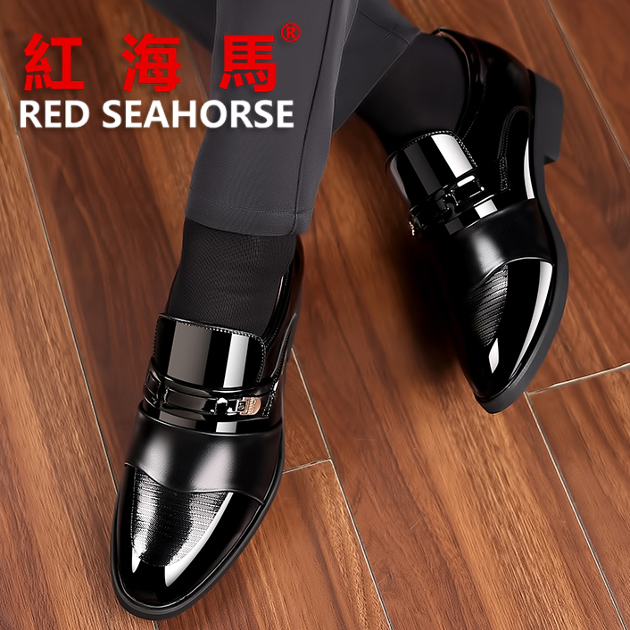 中青年内增高亮面套脚漆皮结婚鞋