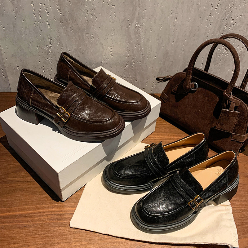 真皮版～英伦风双带扣福鞋女百搭圆头复古粗跟厚底小皮鞋高跟单鞋,女鞋,乐福鞋（豆豆鞋）,淘宝优惠券,粉丝福利购,淘宝优惠卷