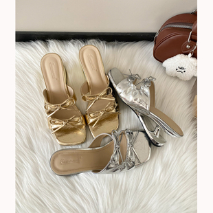 女夏外穿方头异形跟高跟凉鞋 增高7cm法式 蝴蝶结一字带坡跟凉拖鞋