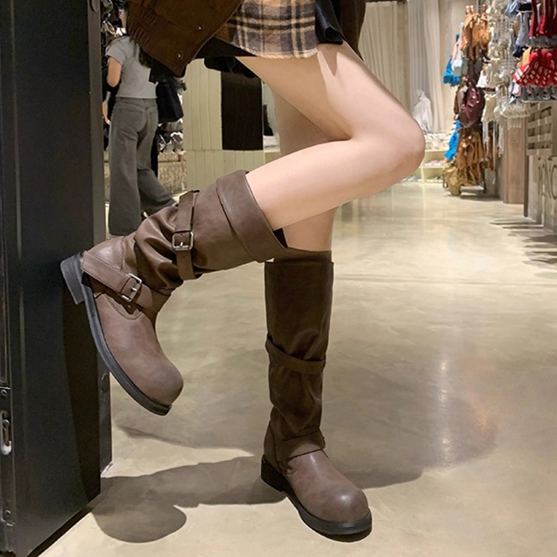 复古擦色做旧皮带扣长筒骑士靴