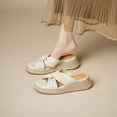 真皮版 女2026年夏草编坡跟防水台高跟鞋 法式 厚底露趾交叉带凉鞋