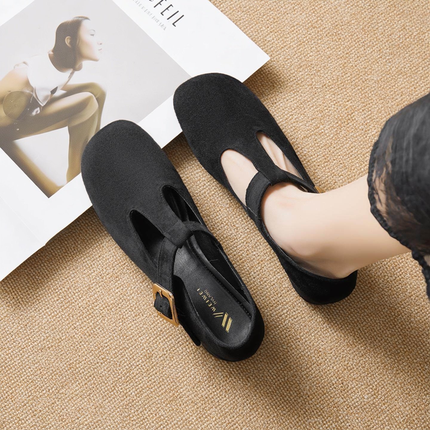 真皮版～复古T字带玛丽珍鞋女春秋2026新款绒面粗跟圆头单鞋女,女鞋,玛丽珍鞋,淘宝优惠券,粉丝福利购,淘宝优惠卷