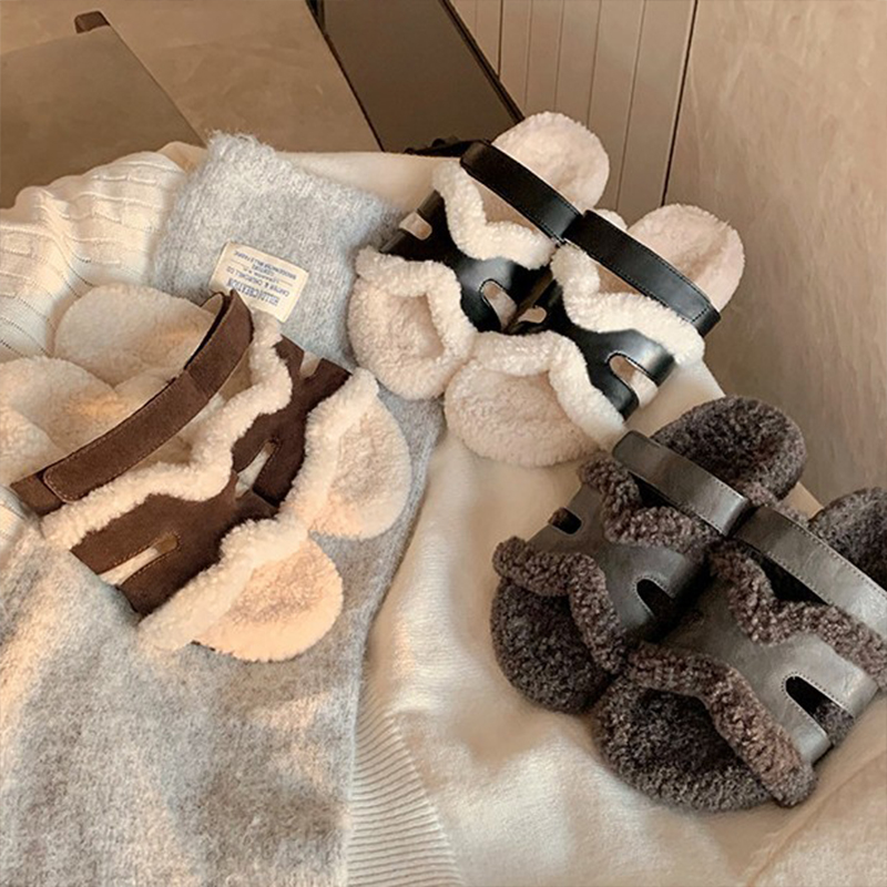 厚底魔术贴毛毛拖鞋女