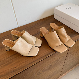 凉拖 一字拖高跟凉鞋 增高7cm通勤风羊皮粗跟穆勒鞋 女外穿2026夏季