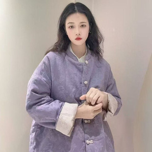 2025秋冬新款复古国风棉麻提花盘扣双面穿棉衣女宽松舒适棉服外套