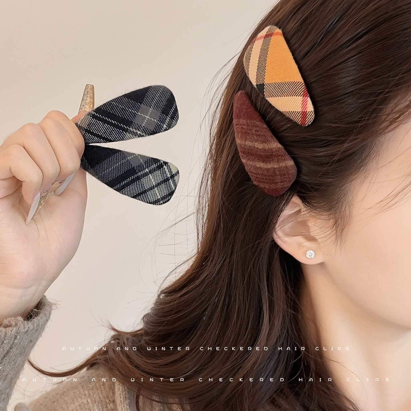 格纹布艺发夹女侧边刘海夹