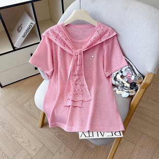 小个子披肩上衣两件套装 薄款 t恤女夏季 韩系粉色圆领冰丝针织短袖