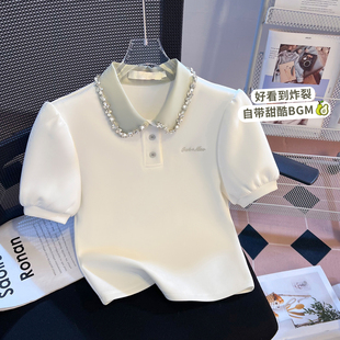 上衣女高级感短袖2026夏季新款撞色拼接镶钻polo领泡泡袖短款T恤