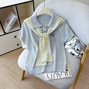 披肩外搭圆领短袖 夏季 韩系穿搭两件套 女2026新款 条纹针织衫