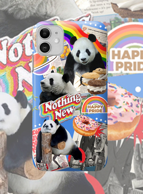 蓝色熊猫彩虹乐园手机壳适用于苹果14pro菲林硬壳iphone11/12p硅胶软壳小米13/荣耀70四包亮面s23u进口涂层壳