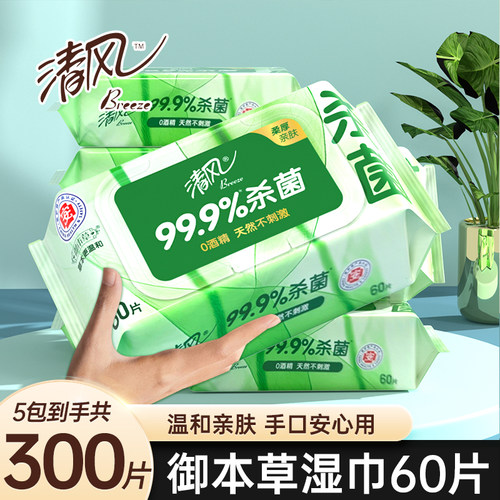 清风湿巾60片大包家用实惠装婴儿手口用湿纸巾大尺寸卫生杀菌整箱