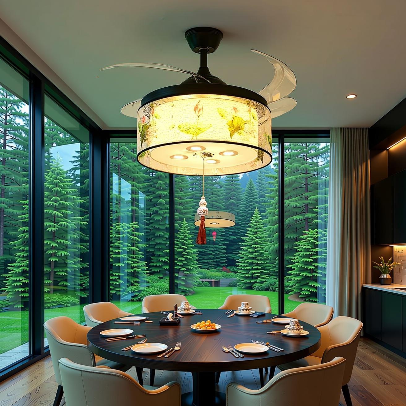 新中式餐厅风扇吊灯简约带射灯