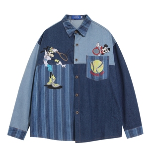 MoCreation 美式复古卡通刺绣拼接牛仔衬衫男女宽松长袖衬衣外套
