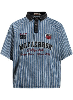 MoCreation 美式复古风条纹短袖POLO衫男女宽松翻领刺绣字母上衣