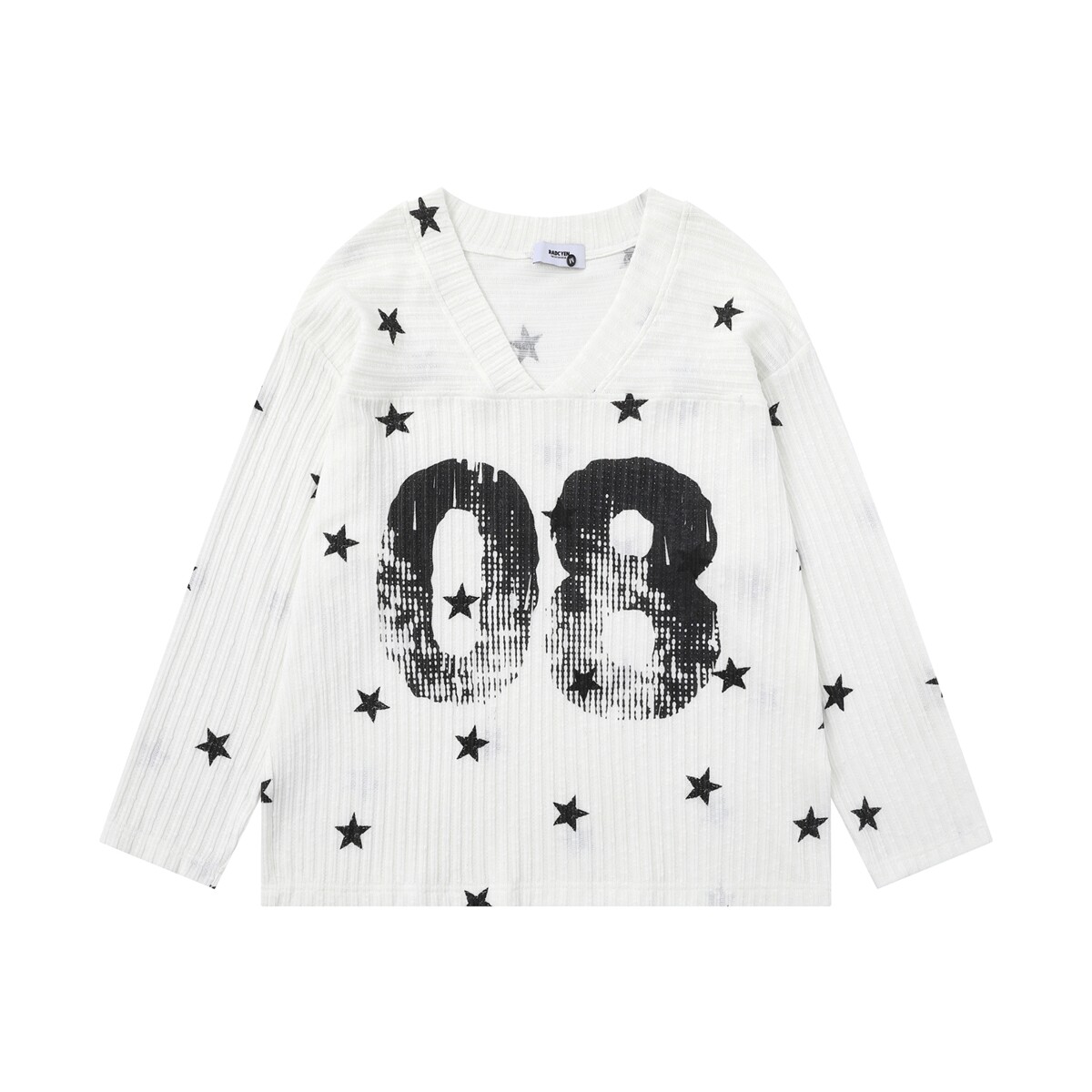 MoCreation 美式复古星星V领长袖T恤女春季宽松bf慵懒风白色上衣