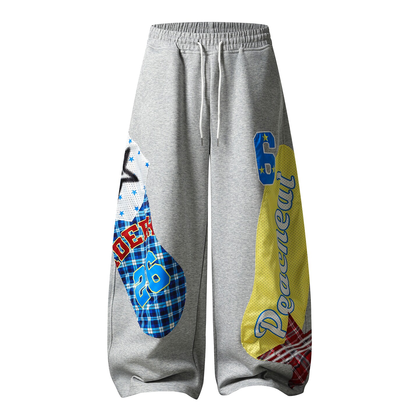 MoCreation美式街头风印花拼接抽绳卫裤女宽松阔腿长裤灰色休闲裤