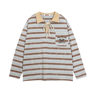 MoCreation 美式复古学院风条纹POLO衫男女春季宽松长袖绑带T恤潮