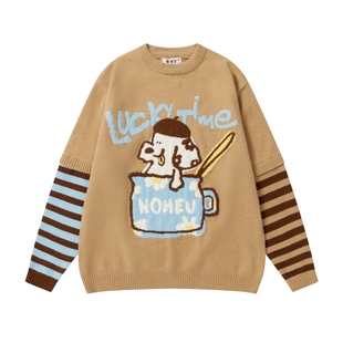 MoCreation 假两件拼接情侣慵懒毛衣秋冬卡通提花学院风针织外套